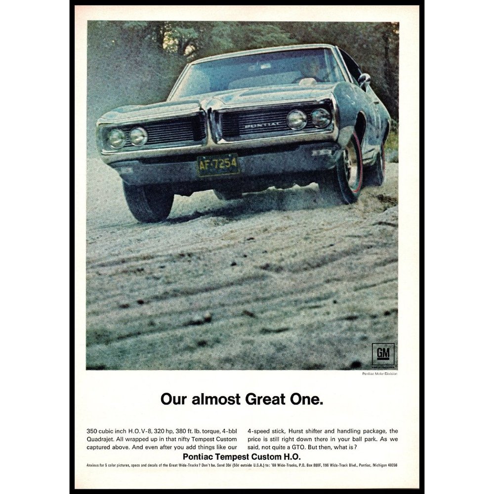 1968 Pontiac Tempest Custom HO Vintage Print Ad Dirt Road Red Stripe Wall Art